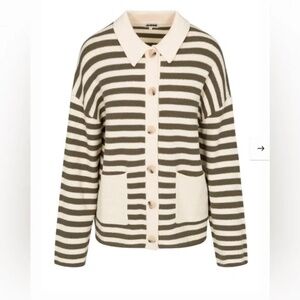 OSIS Studio Green/White Striped Button Front Knit Collared Cardigan with Pockets
